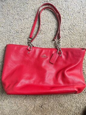 Coach Red Pebbled Leather Chain-Handle Tote